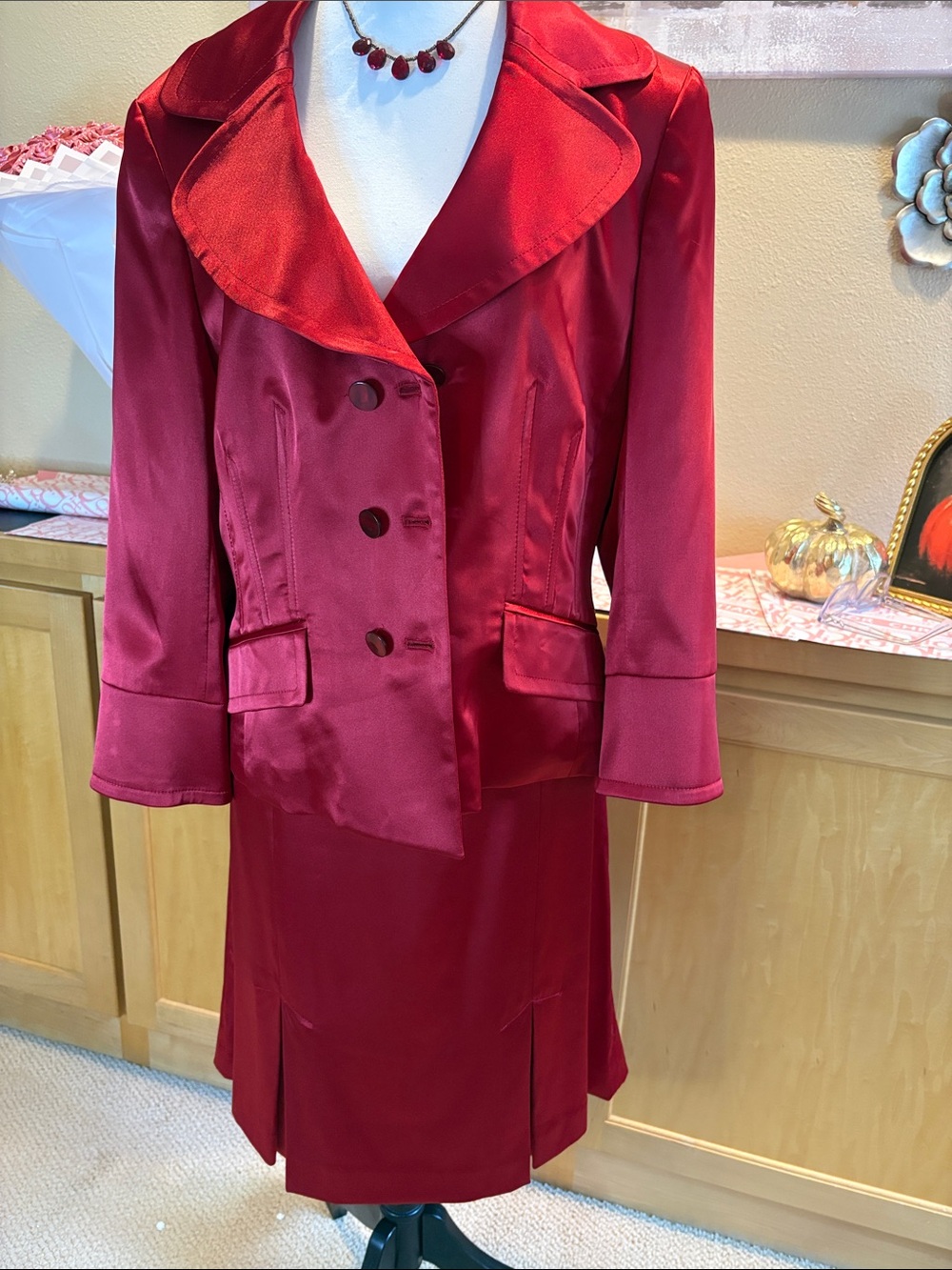 Nine West Crimson Satin Blazer and Skirt Set